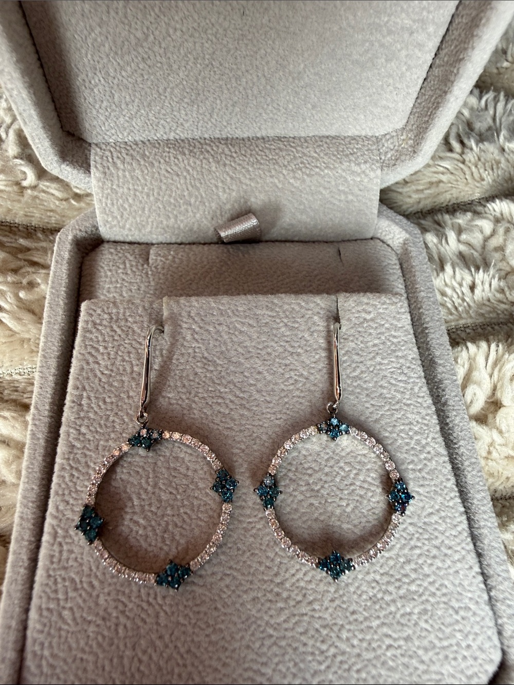 14k White Gold Blue and white Diamond Circle Drop Earrings